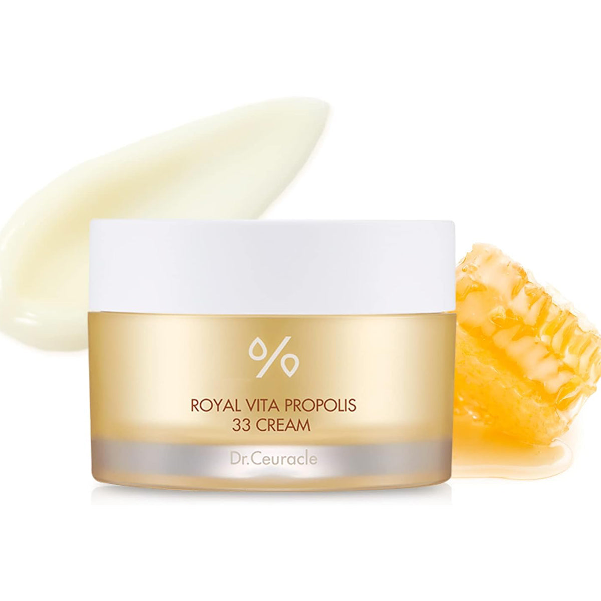 Dr. Ceuracle Royal Vita Propolis 33 Cream jar with honeycomb and cream smear on a white background