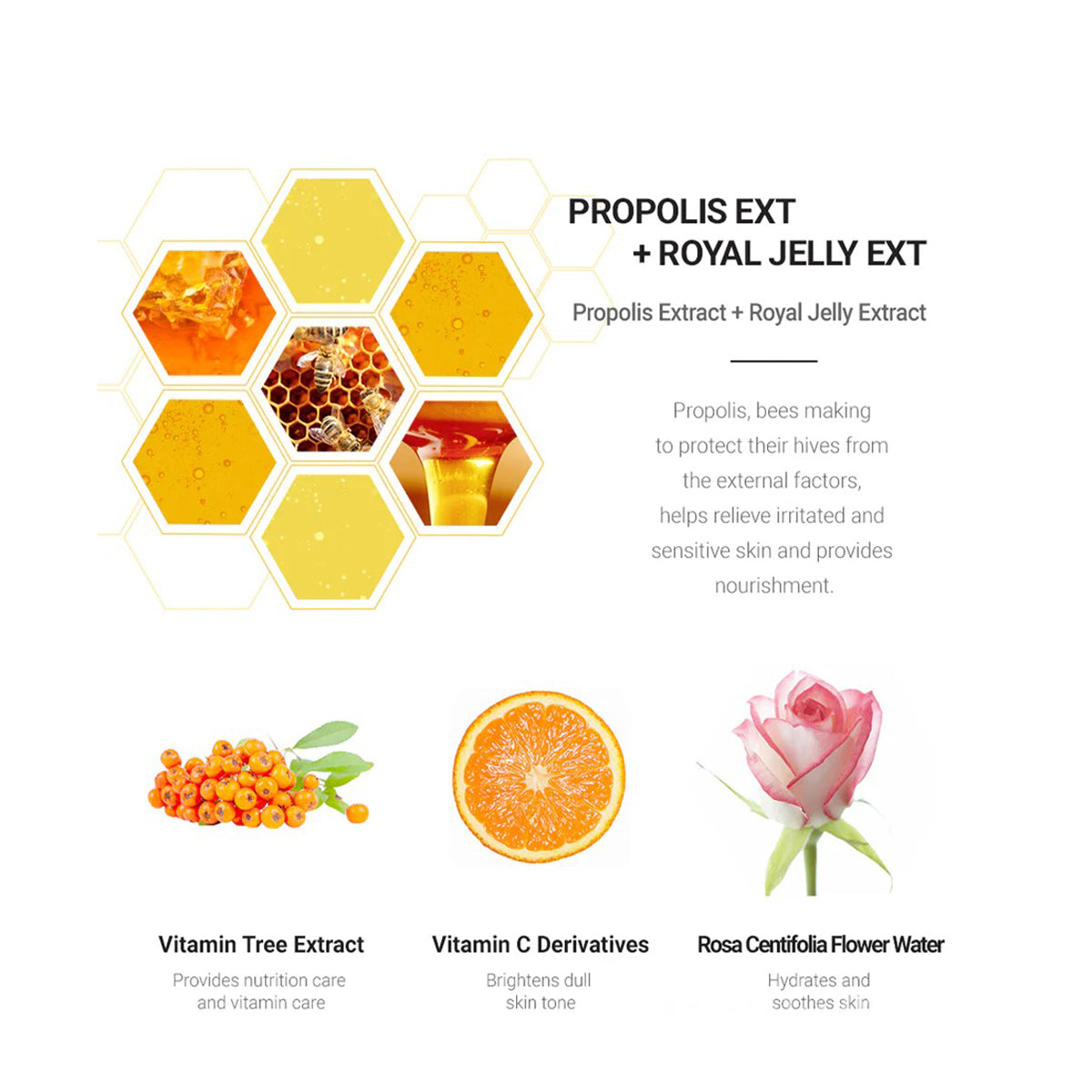 Product label with propolis extract, royal jelly extract, and other natural ingredients on a white background.