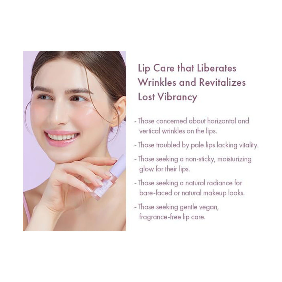 Lip care product with a woman holding it, text about lip care benefits on a white background