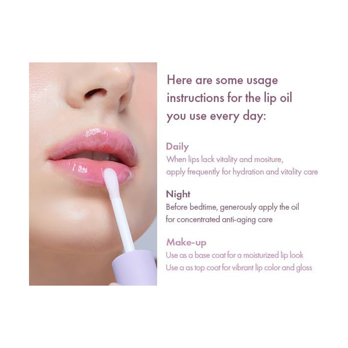 Lip oil application with usage instructions on a white background