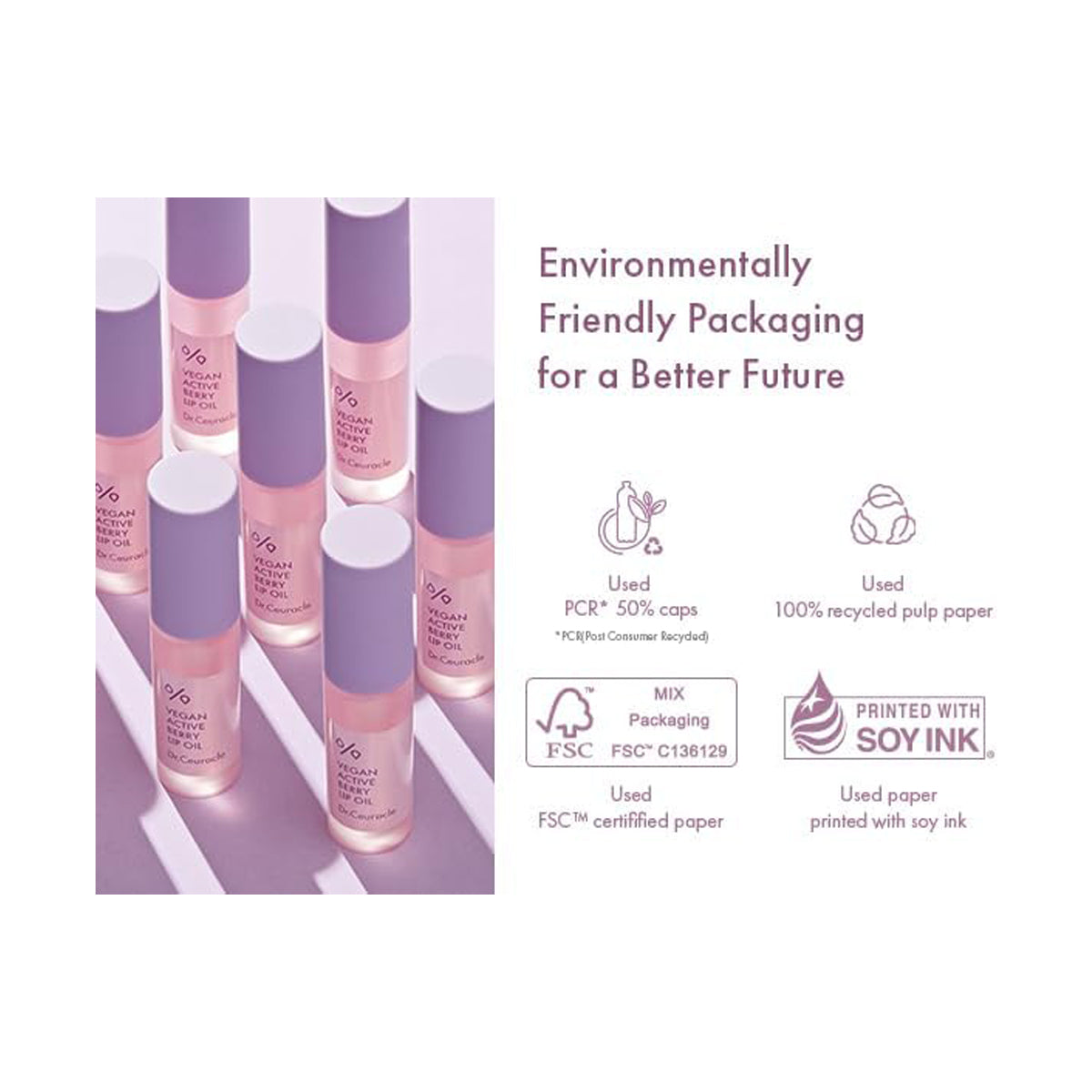 Cosmetic bottles with environmental sustainability features on a white background