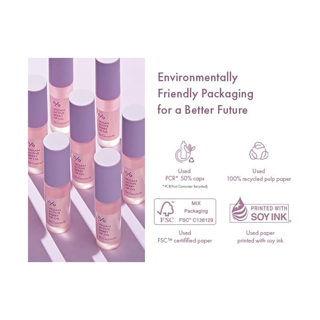 Cosmetic bottles with environmental sustainability features on a white background