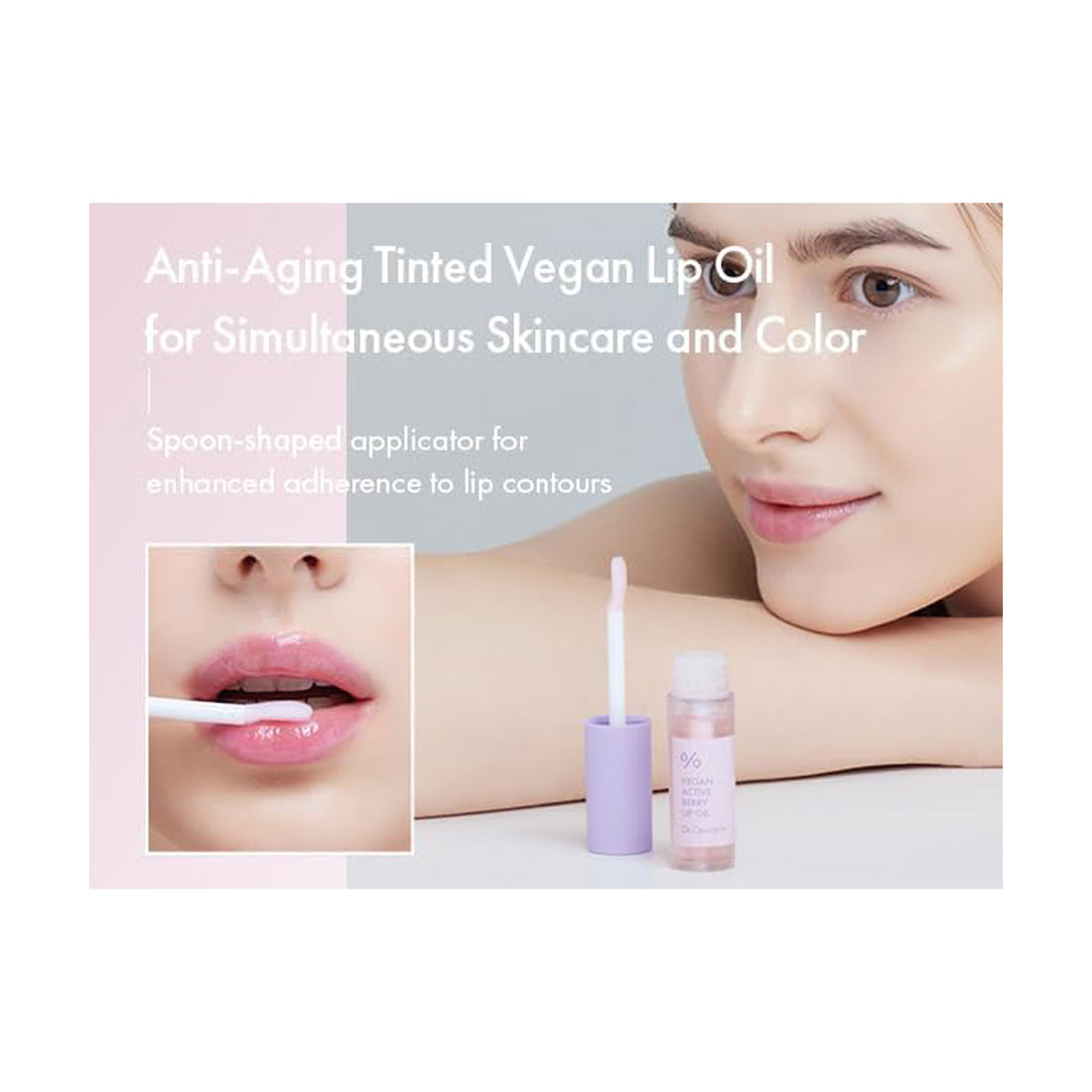 Anti-aging tinted vegan lip oil with spoon-shaped applicator on a white background
