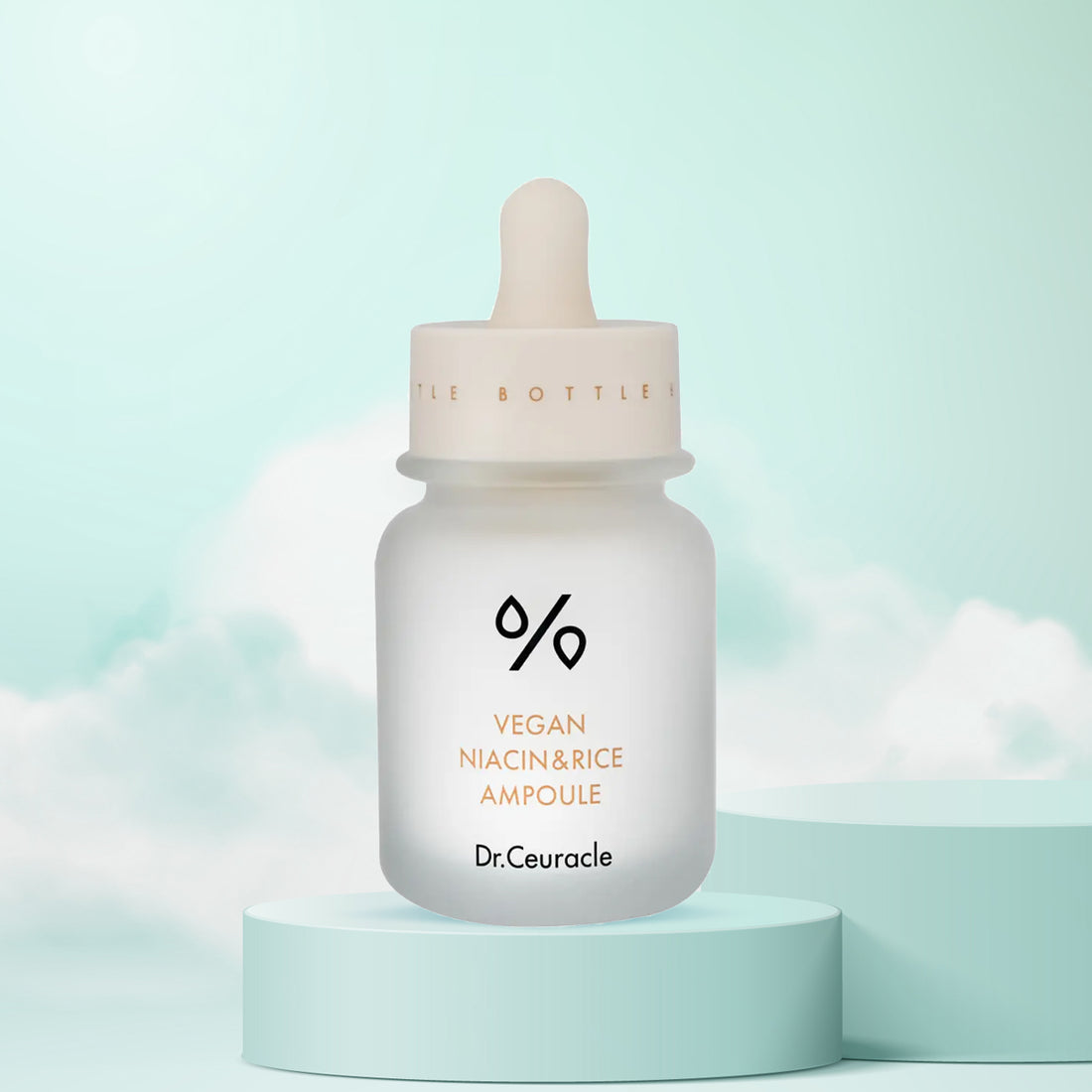 Dr. Ceuracle Vegan Niacin & Rice Ampoule bottle on a light blue background