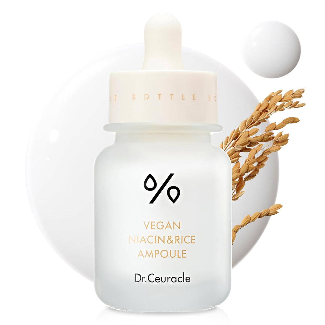 Dr. Ceuracle vegan niacin & rice ampoule bottle with a dropper on a white background