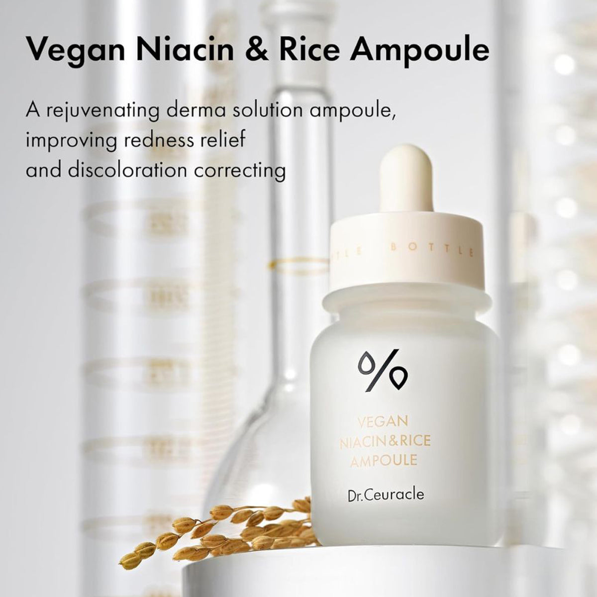 Dr. Ceuracle Vegan Niacin & Rice Ampoule with text on a blurred background