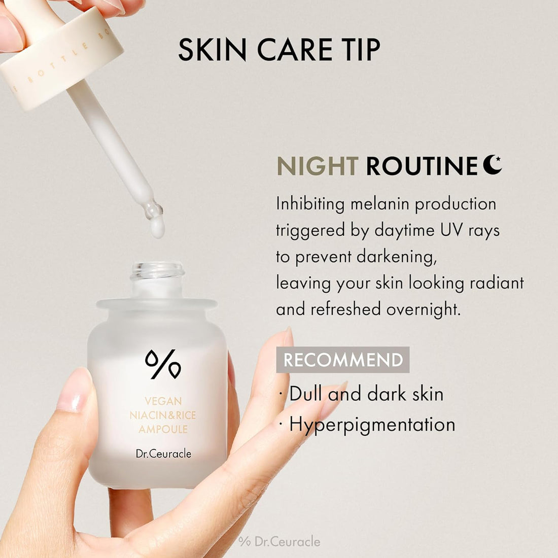 Dr. Ceuracle skincare product with a dropper and text about night routine.