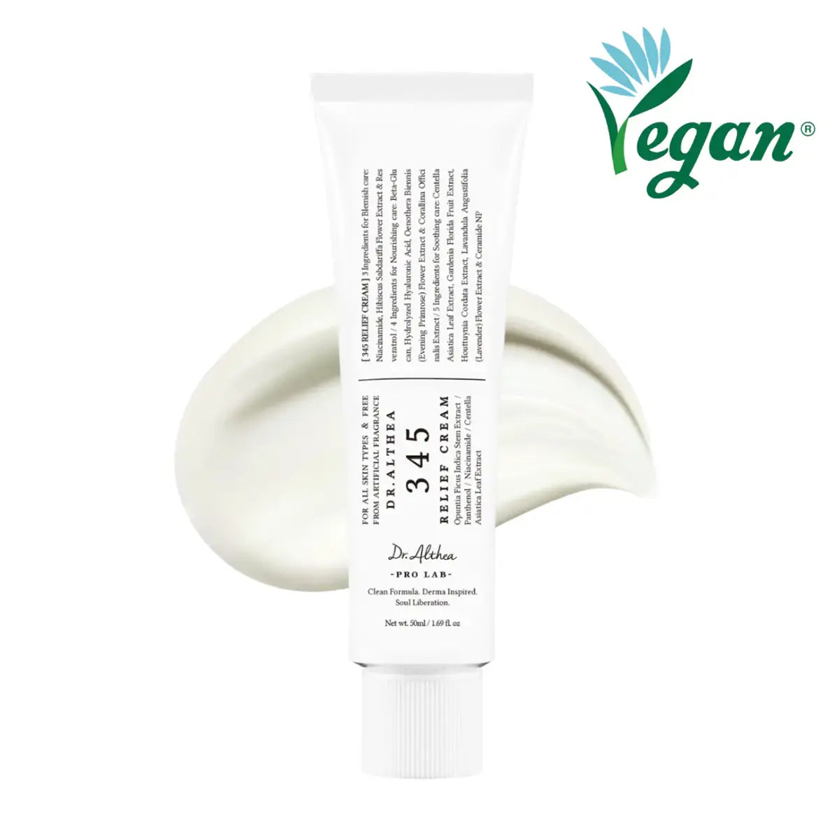 Tube of Dr. Althea 345 relief cream with 'Vegan' label on a white background