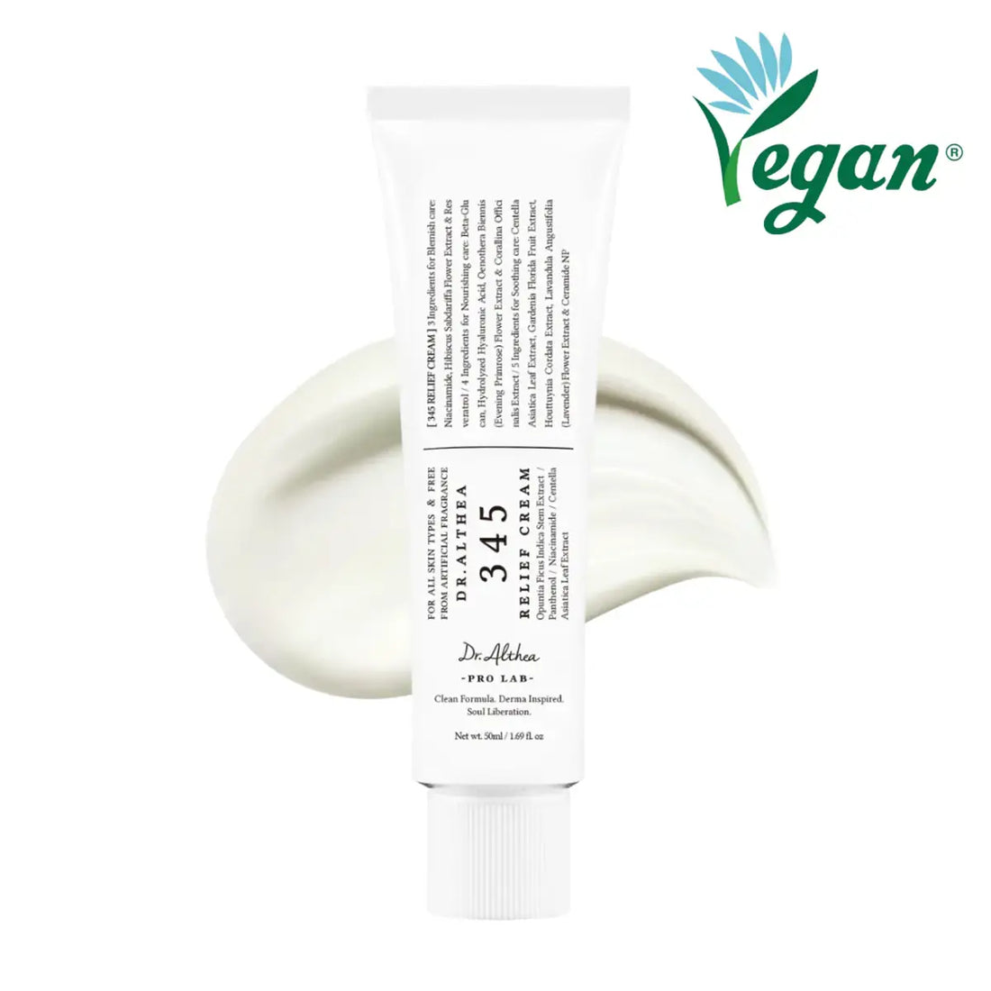 Tube of Dr. Althea 345 relief cream with 'Vegan' label on a white background