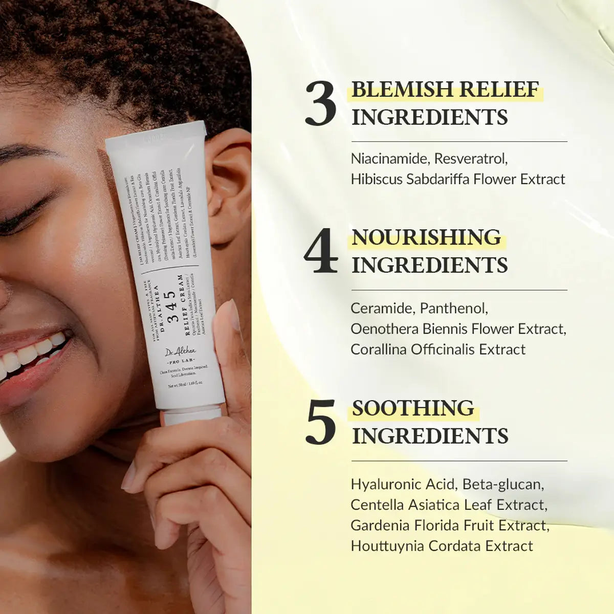 Woman holding a skincare product with listed ingredients on a beige background