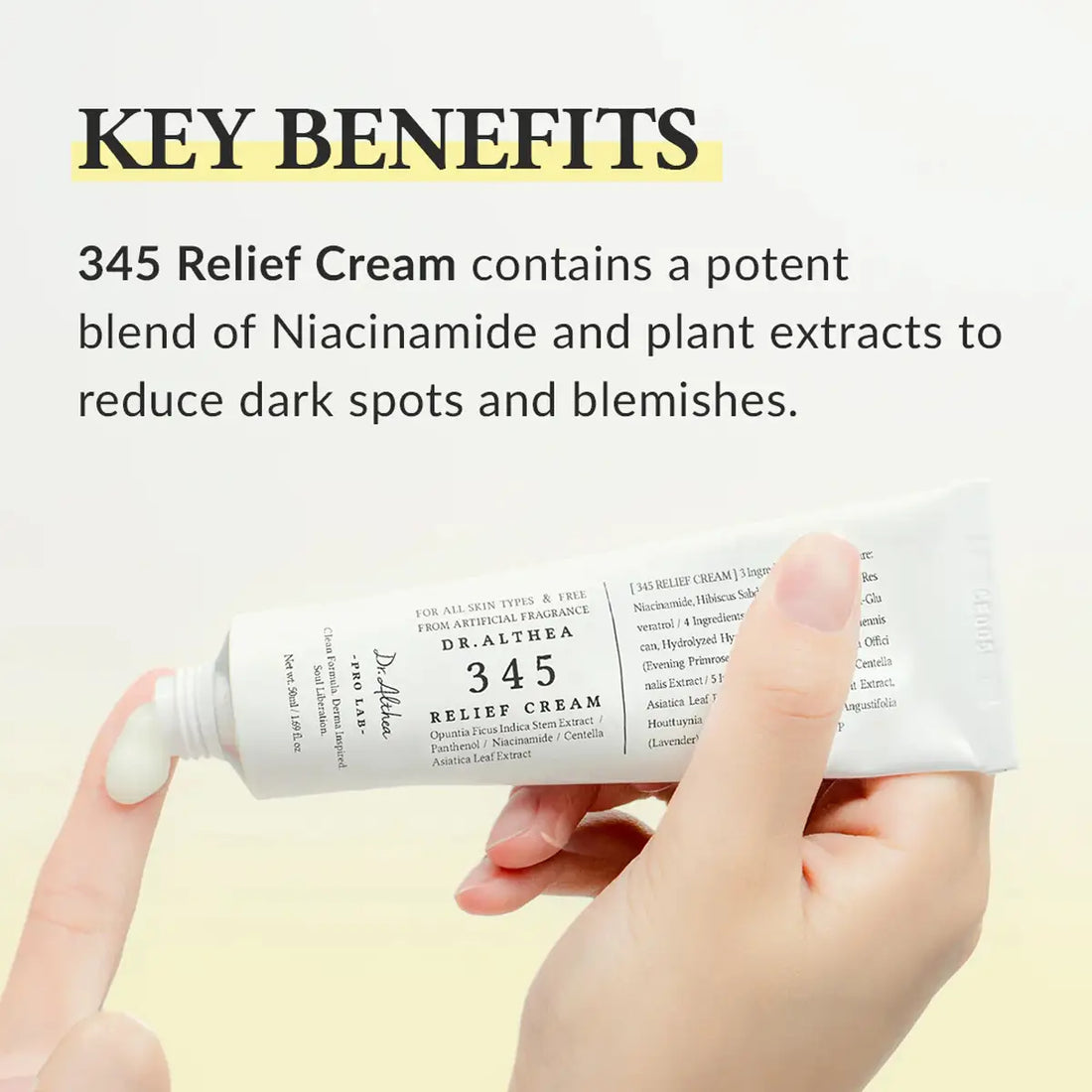 Key benefits of 345 Relief Cream highlighting its blend of Niacinamide and plant extracts for dark spots.