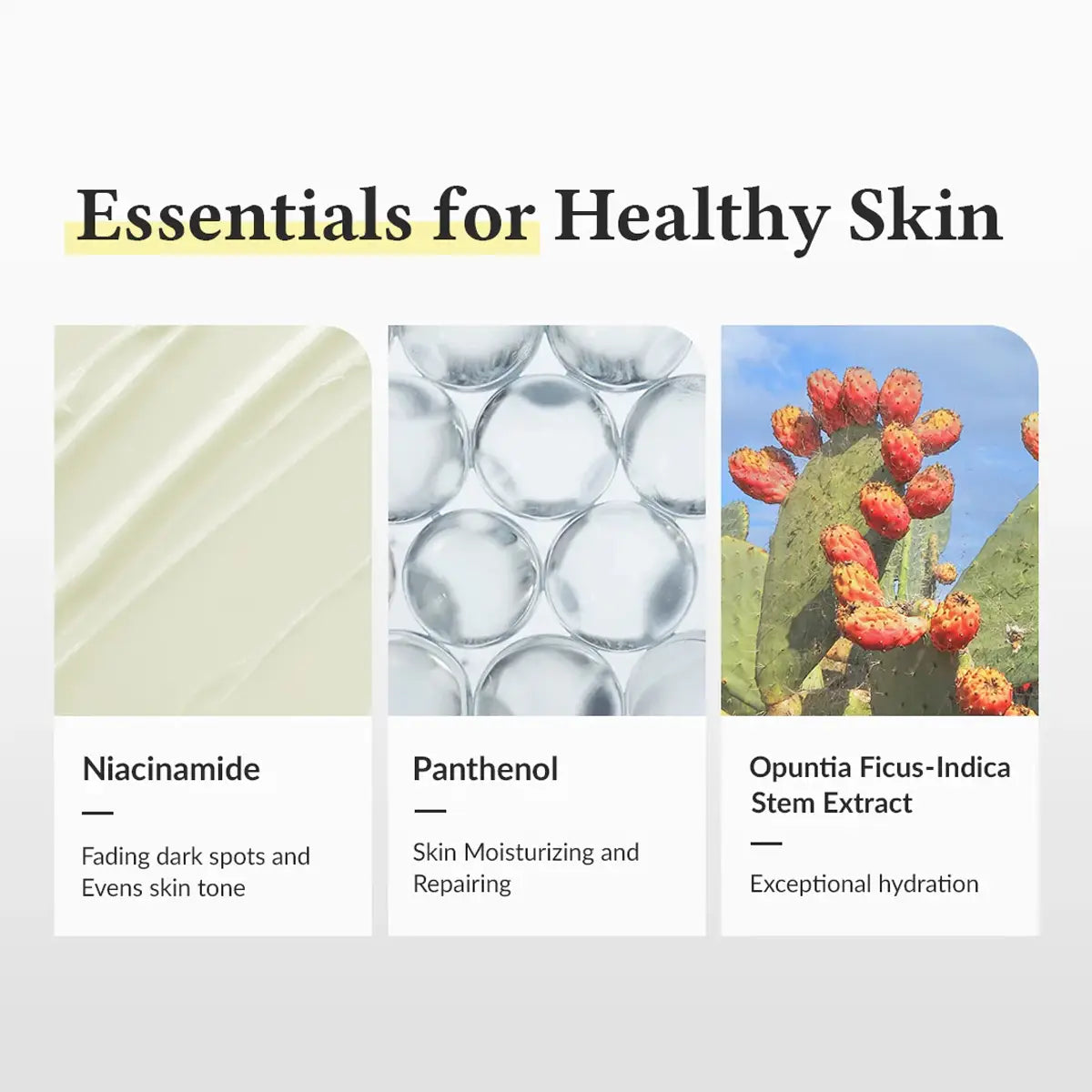 Product display with images and text about skincare ingredients on a white background