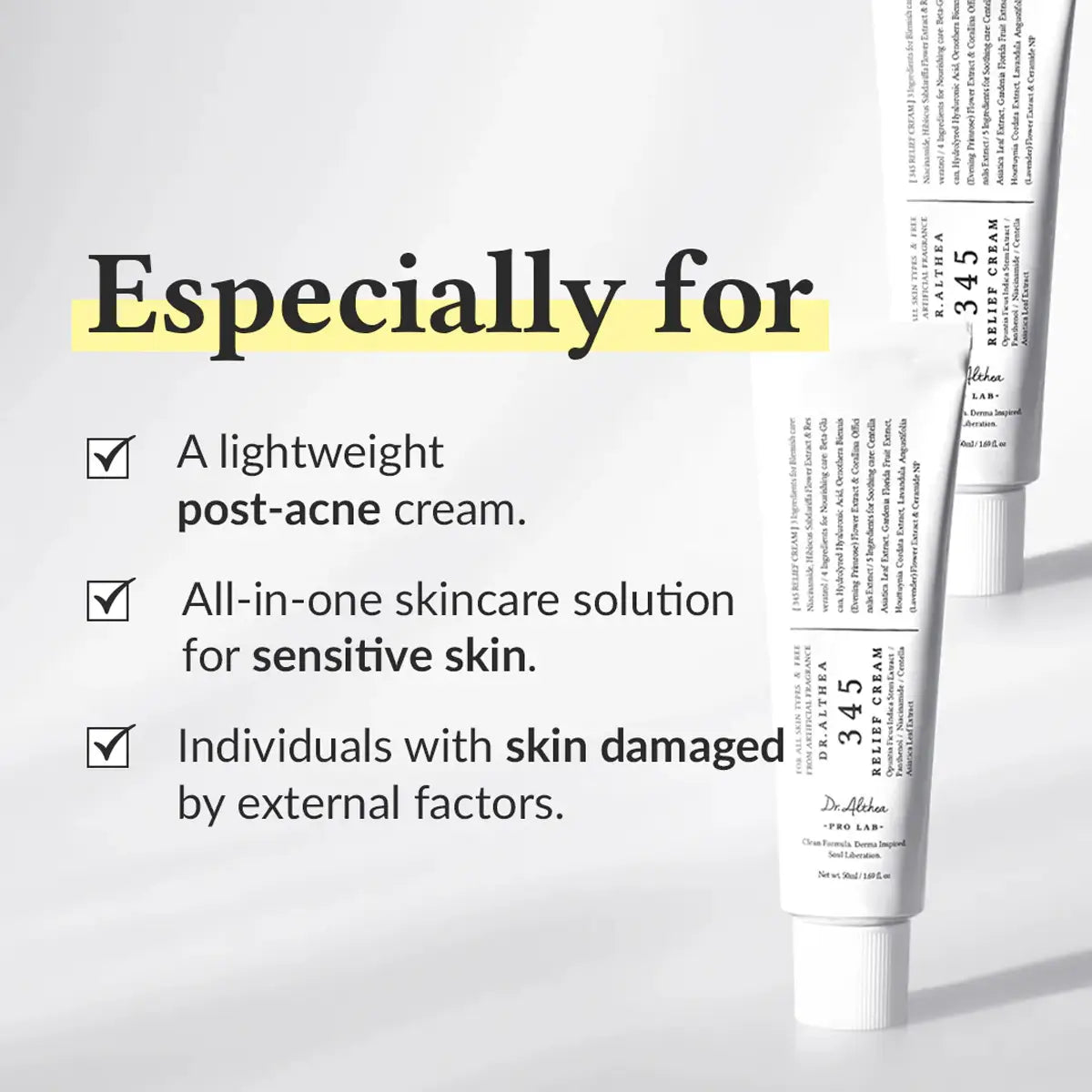 Skincare product tube with text highlighting its uses on a white background