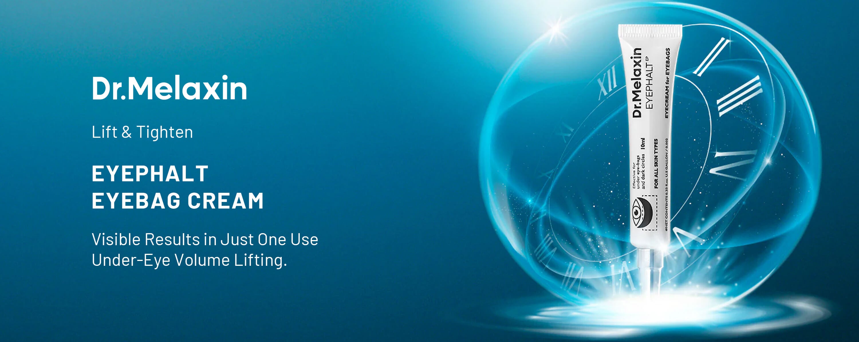 Dr. Melaxin Eyeshalt Eyebag Cream packaging with a blue glowing effect on a dark blue background