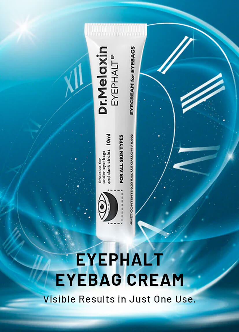 Dr. Melanin Eyephalt Eyebag Cream tube with a blue clock background