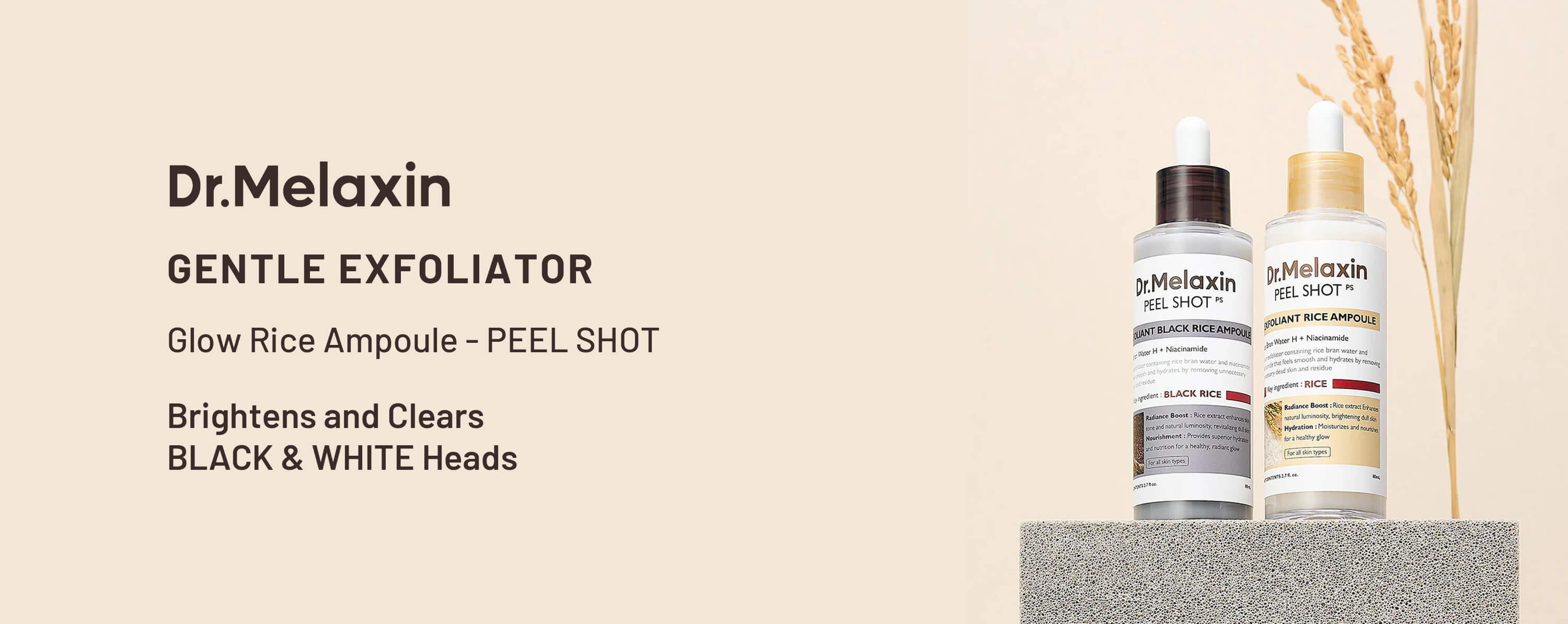 Dr. Melaxin Gentle Exfoliator products on a beige background with text about their benefits.