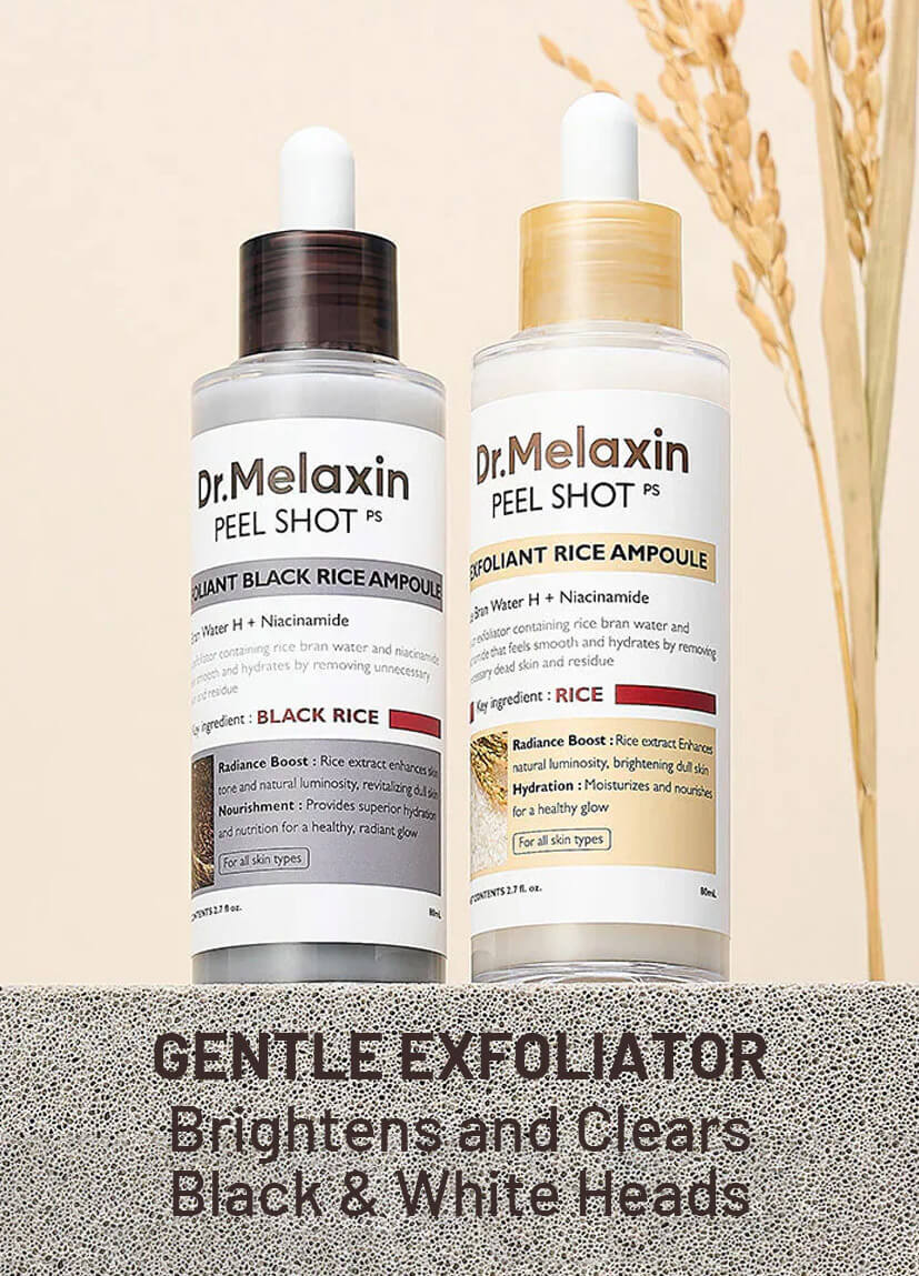 Two Dr. Melaxin skincare bottles on a beige background with text about gentle exfoliation.