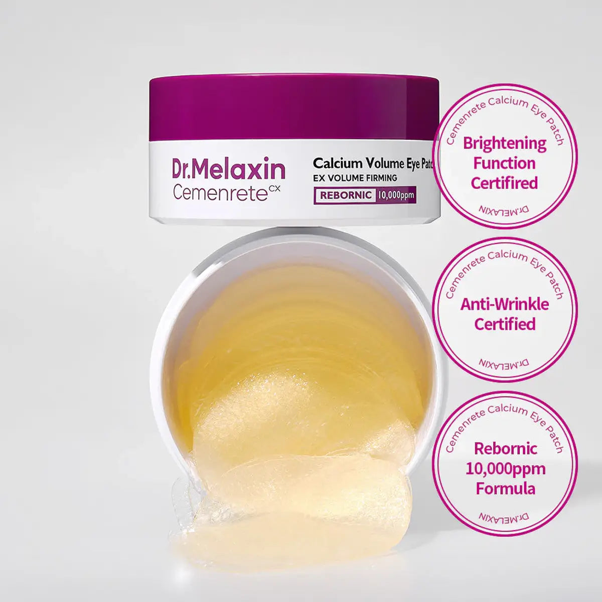 Dr. Melaxin Cemenrete calcium volume eye patch container with purple lid on a white background