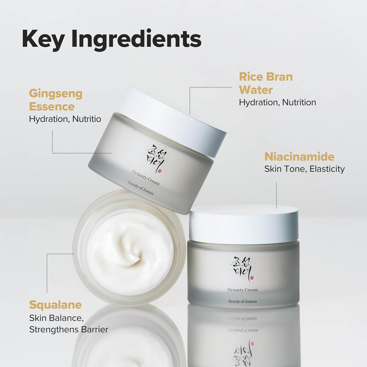 Skincare cream jars with key ingredients listed on a light gray background
