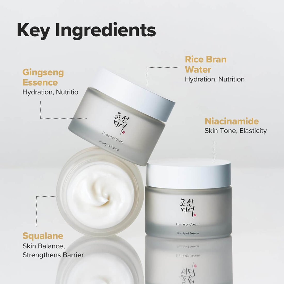 Skincare cream jars with key ingredients listed on a light gray background
