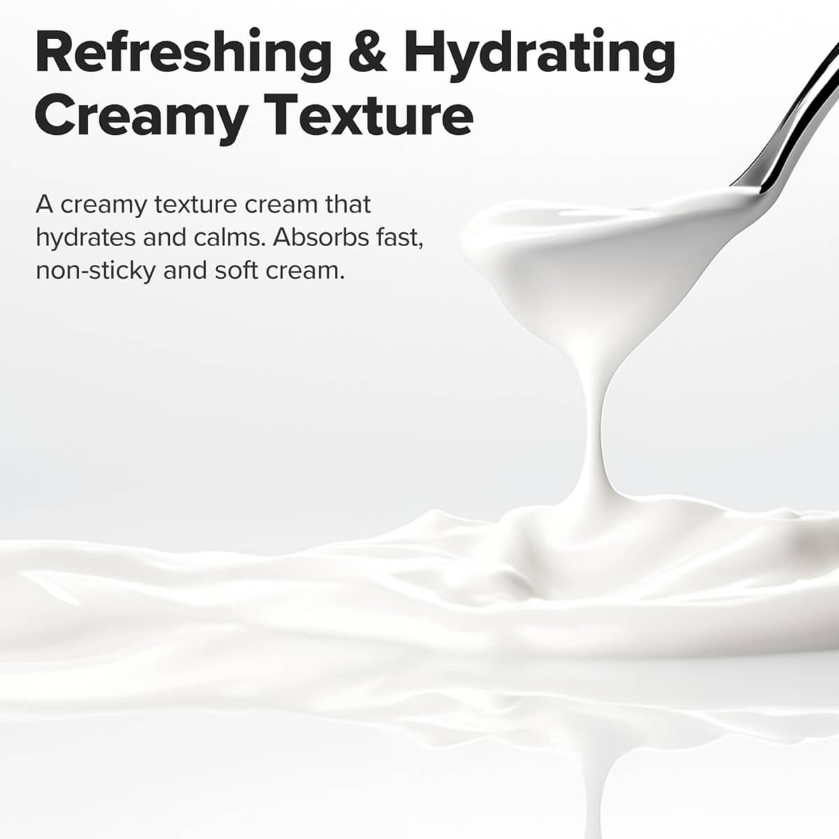 Cream being poured with text describing its refreshing and hydrating properties.
