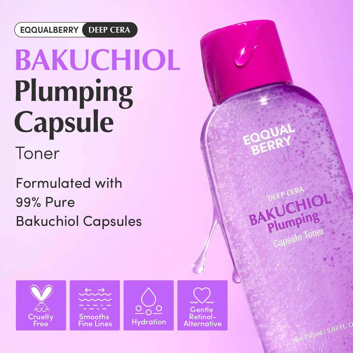 EQQUALBERRY Bakuchiol Plumping Capsule Toner with 99% Pure Bakuchiol Capsules for hydration and skin texture improvement.