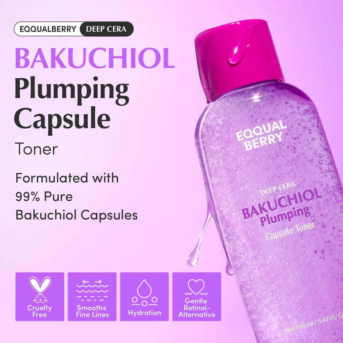 EQQUALBERRY Bakuchiol Plumping Capsule Toner with 99% Pure Bakuchiol Capsules for hydration and skin texture improvement.