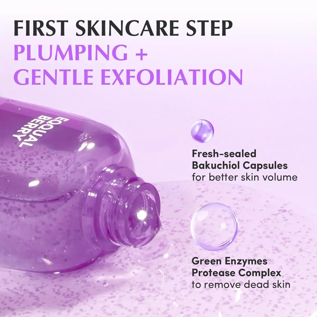 Eqqualberry Bakuchiol Plumping Capsule Toner with text about first skincare step, plumping, and gentle exfoliation.