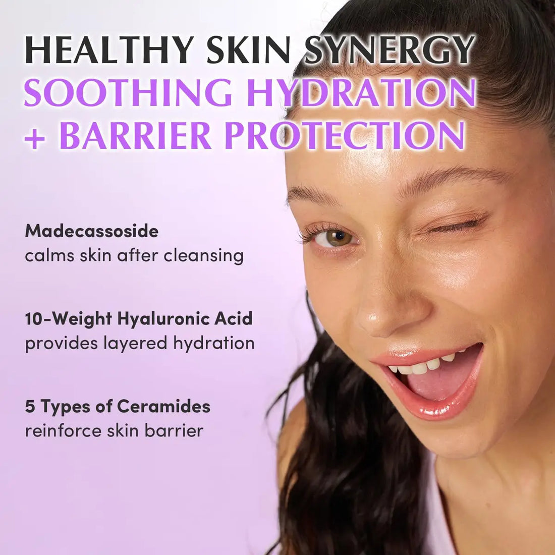 Woman with healthy skin on a purple background with text about skincare benefits.