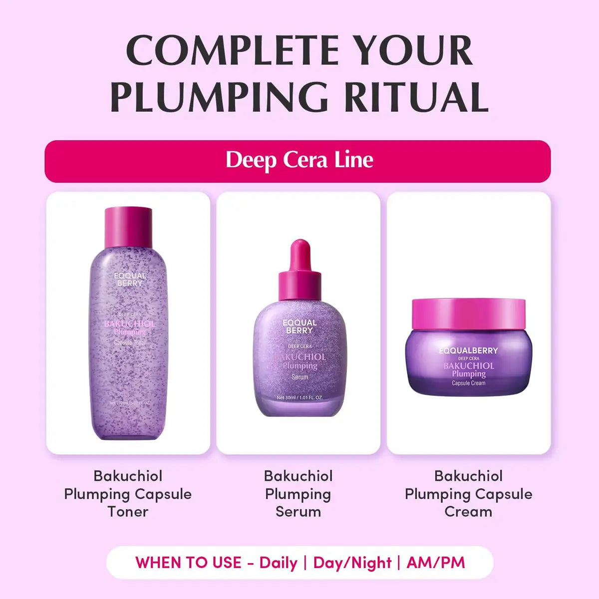 Cosmetic products from the Deep Cera Line on a pink background with text about plumping ritual.
