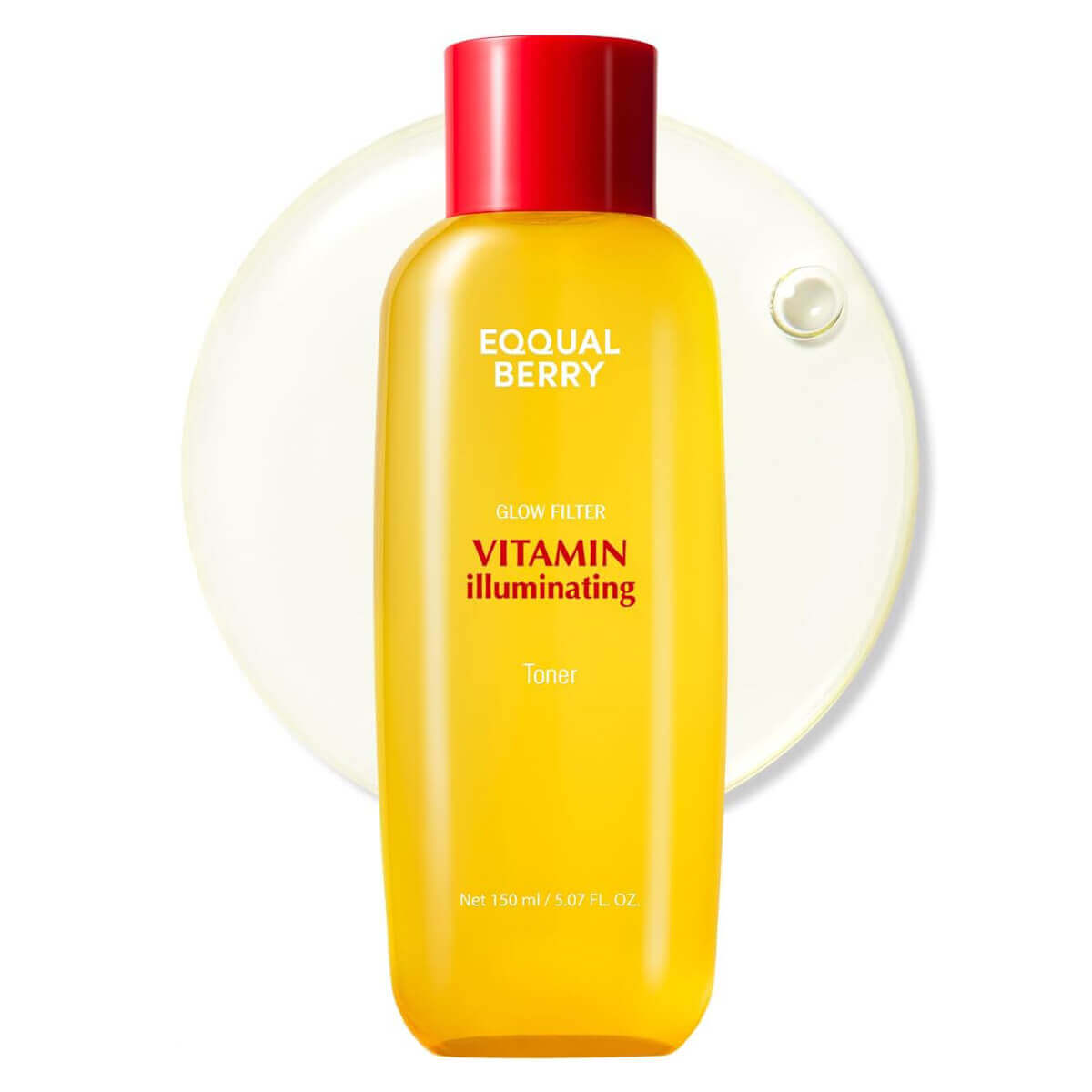 Eqqualberry Vitamin Illuminating Toner 150mL in bright yellow bottle with glow filter for radiant skin