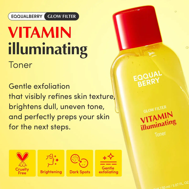 Yellow bottle of Eqqualberry Vitamin Illuminating Toner with red cap on a yellow background