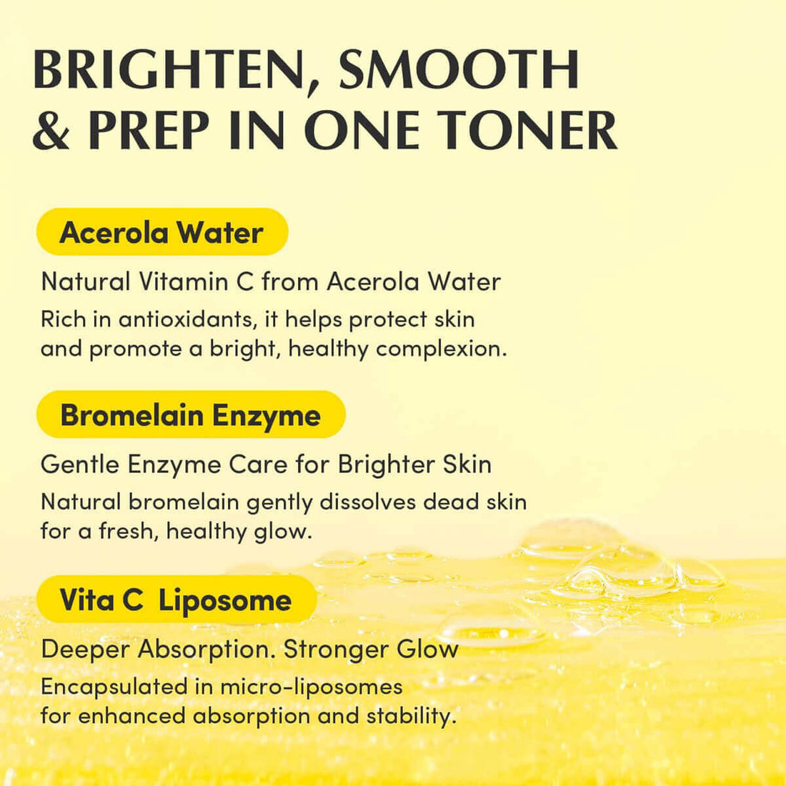 Infographic highlighting benefits of Eqqualberry Vitamin Illuminating Toner with Acerola Water, Bromelain Enzyme, and Vita C Liposome.