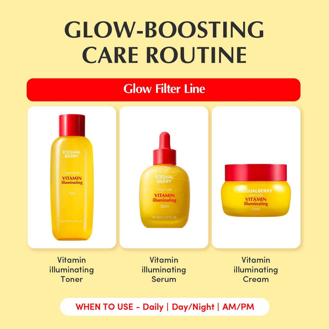 Glow-boosting care routine featuring Vitamin Illuminating Toner, Serum, and Cream from Eqqualberry.