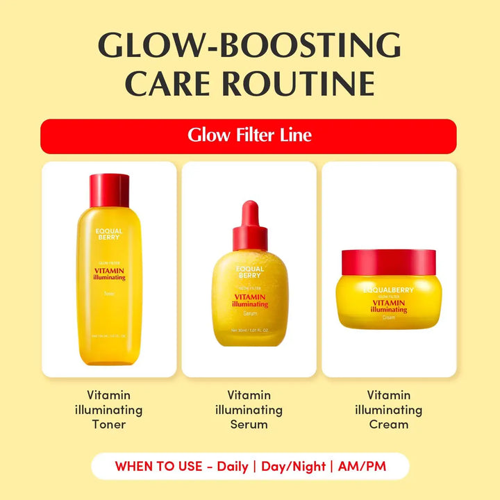 Glow-boosting care routine with three skincare products on a yellow background