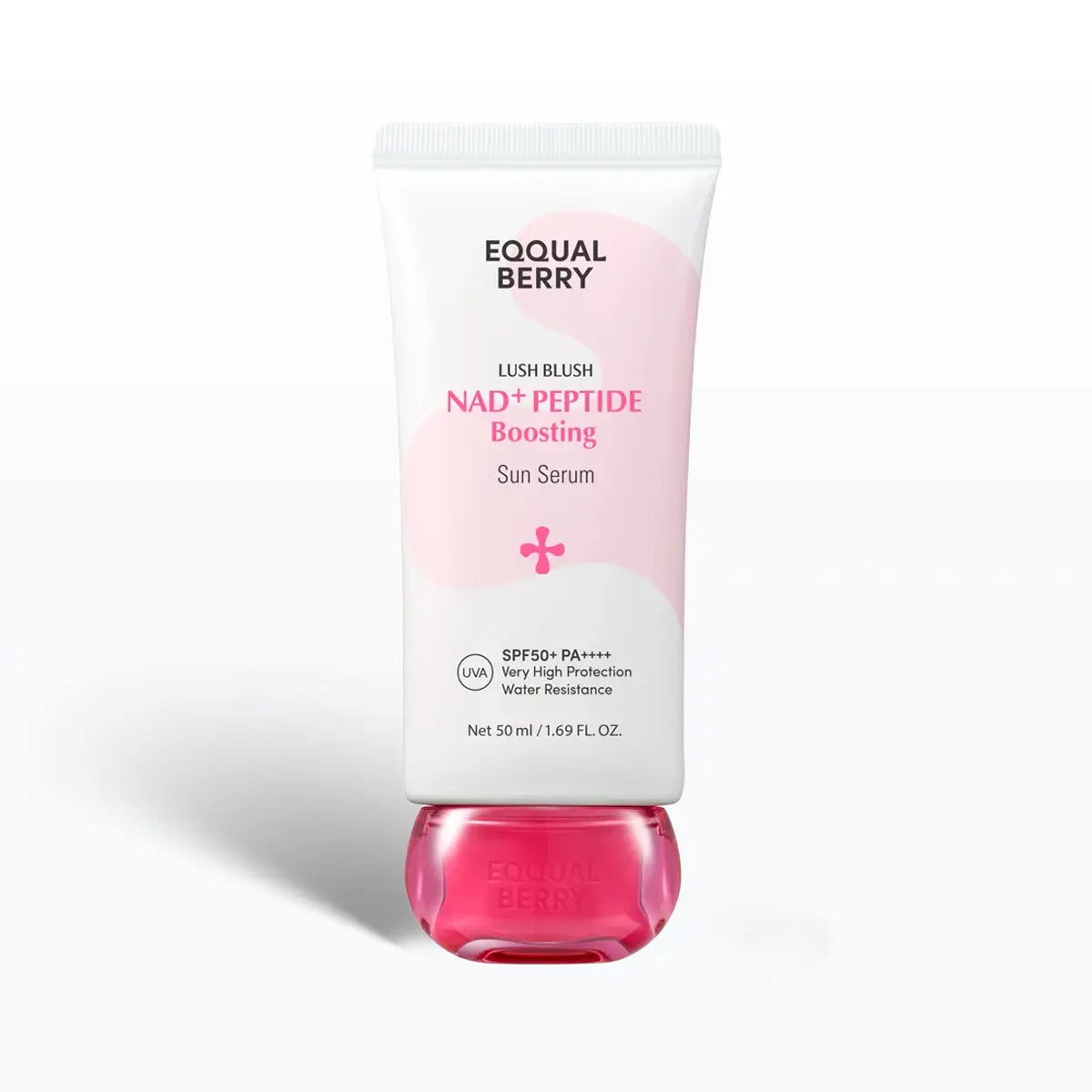 A 50 ml squeeze tube of Eqqualberry Lush Blush NAD+ Peptide Boosting Sun Serum, featuring a white tube with pink accents and a translucent pink cap, set against a clean white background.