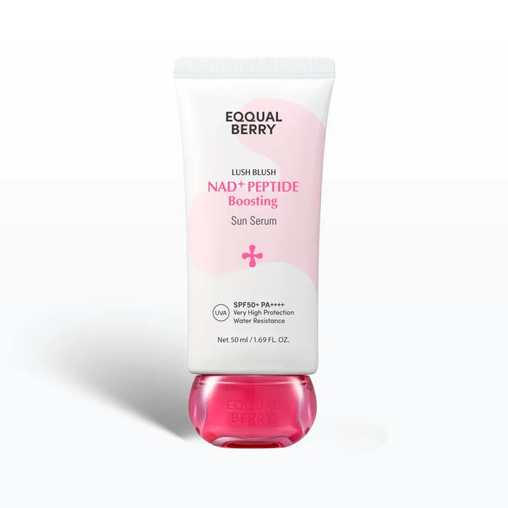 A 50 ml squeeze tube of Eqqualberry Lush Blush NAD+ Peptide Boosting Sun Serum, featuring a white tube with pink accents and a translucent pink cap, set against a clean white background.