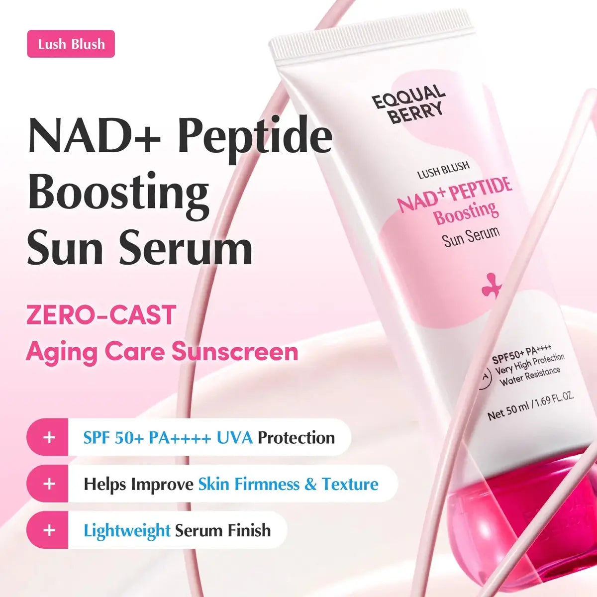 Eqqualberry Lush Blush NAD+ Peptide Boosting Sun Serum in a 50 ml squeeze tube, shown on a white background with pink abstract lines and text highlighting its zero-cast aging care sunscreen properties.