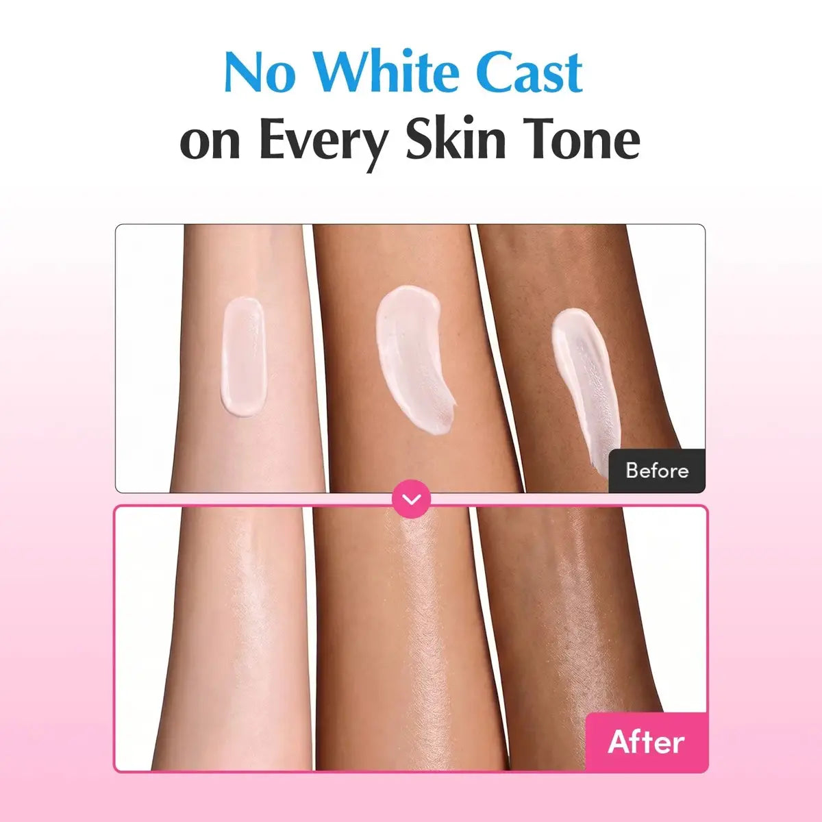 A promotional graphic showing six forearm skin swatches labeled Before and After, with text reading 'No White Cast on Every Skin Tone' at the top. The top row shows a cream product applied to different skin tones, and the bottom row shows the skin underneath with a smoother, more even finish.