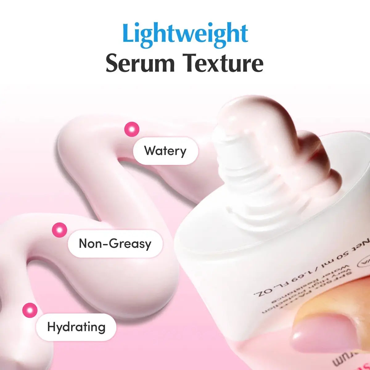A cosmetic serum bottle on a soft pink background with text reading 'Lightweight Serum Texture' and callout labels saying 'Watery', 'Non-Greasy', and 'Hydrating'.