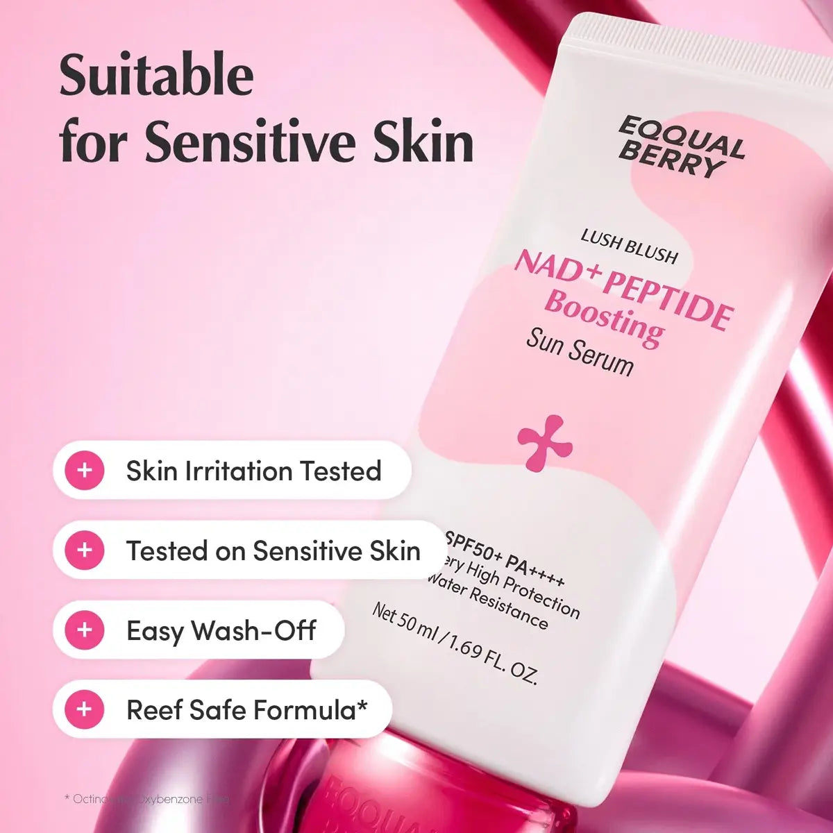 A tube of EQQUALBERRY Lush Blush NAD+ Peptide Boosting Sun Serum shown on a pink promotional background with text highlighting suitability for sensitive skin and product benefits.