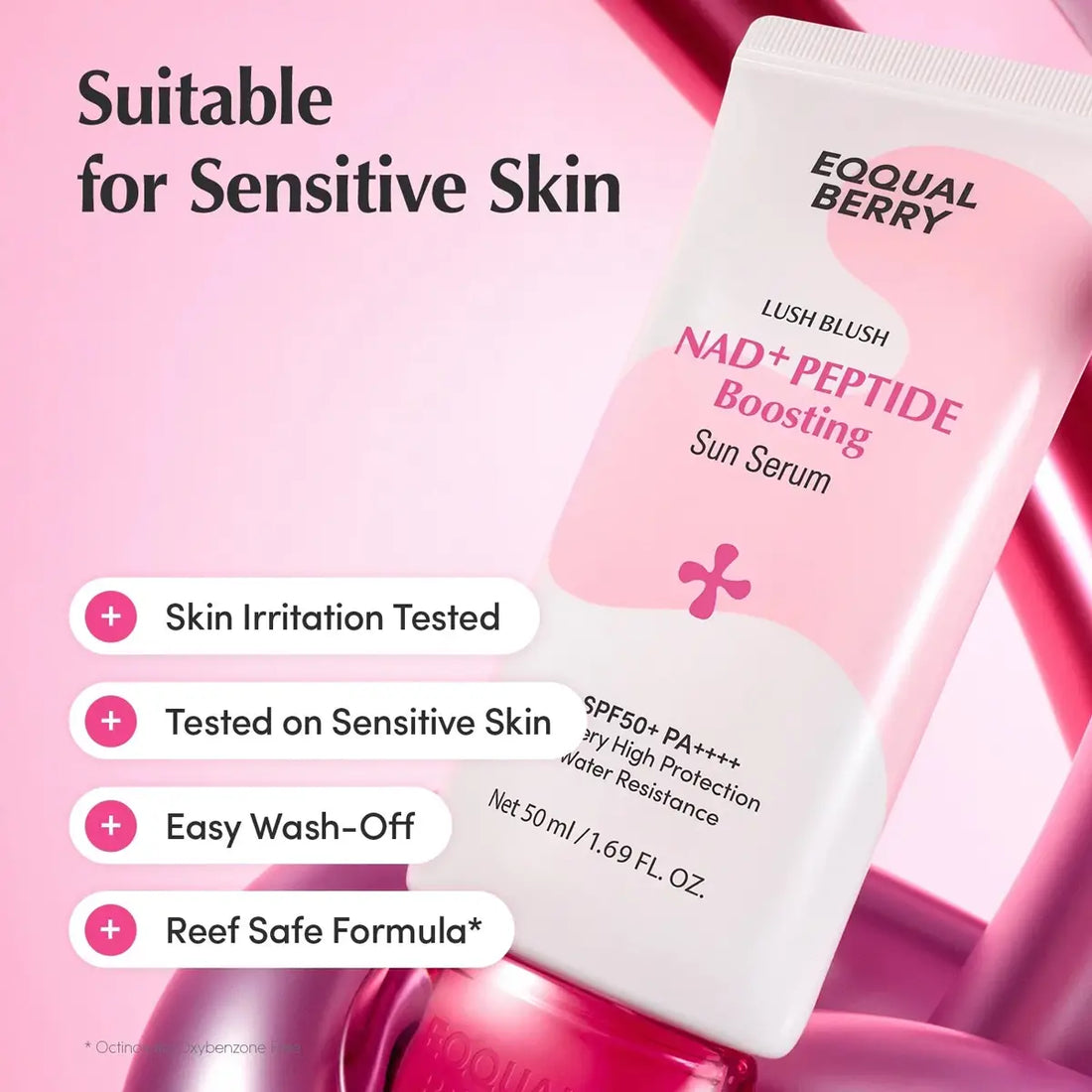 A tube of EQQUALBERRY Lush Blush NAD+ Peptide Boosting Sun Serum shown on a pink promotional background with text highlighting suitability for sensitive skin and product benefits.