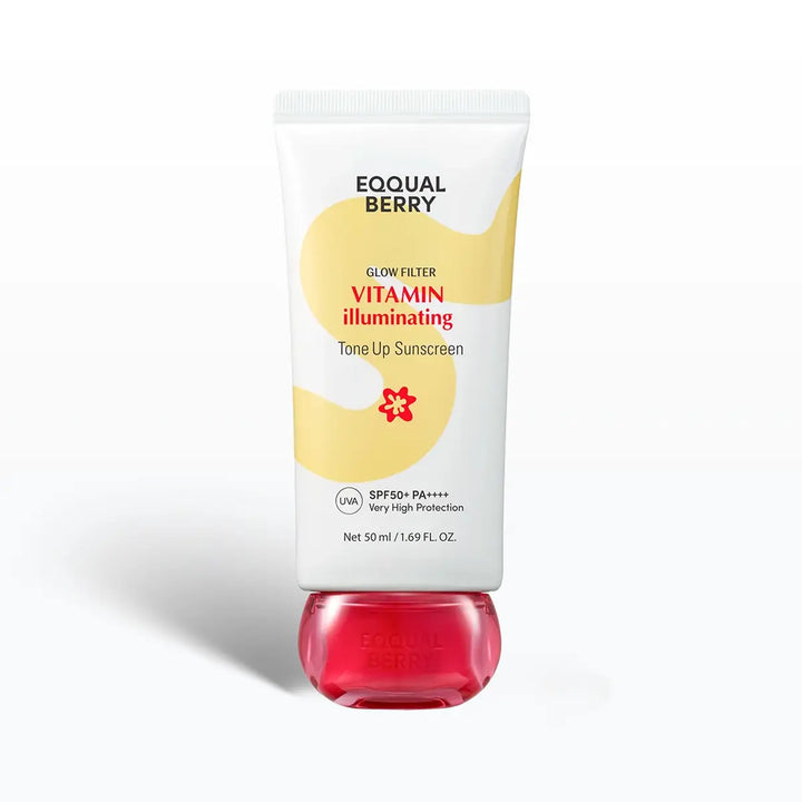 A 50 ml squeeze tube of Eqqualberry Tone Up Sunscreen, featuring a white tube with yellow and red graphics, resting on a translucent red cap against a clean white background.