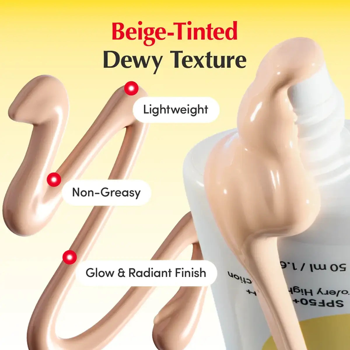 A close-up promotional graphic for a beige-tinted dewy texture liquid, showing glossy beige product swirled around a white spray bottle. Text highlights lightweight, non-greasy, and glow-radiant finish on a pale yellow background.