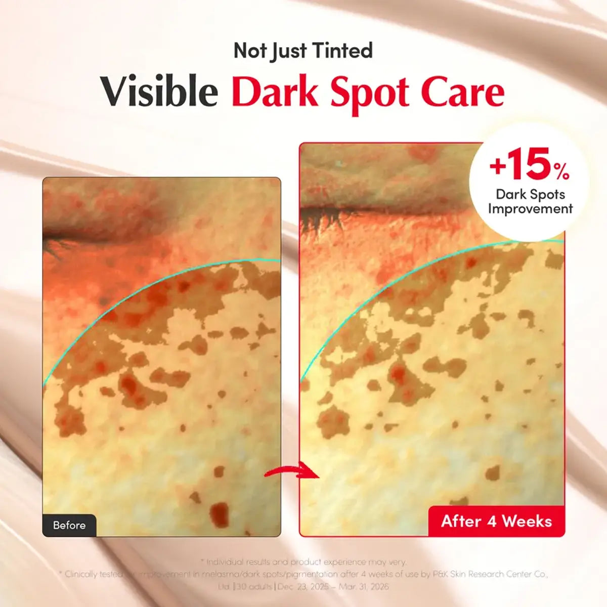Before-and-after comparison graphic for visible dark spot care, showing skin with sun damage and freckles on a beige background with text reading 'Not Just Tinted Visible Dark Spot Care' and 'After 4 Weeks'.