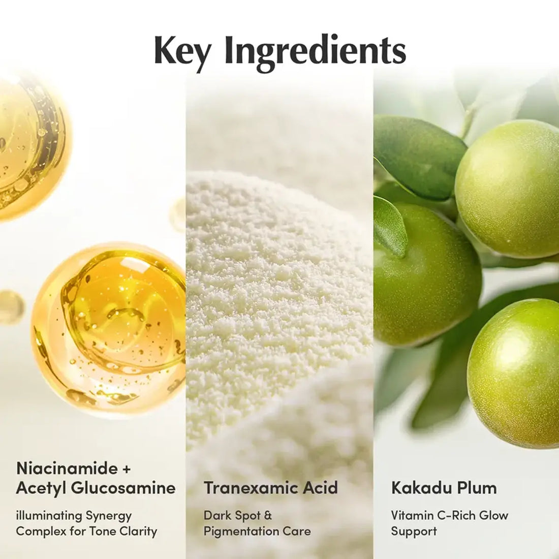 A three-panel ingredient graphic titled 'Key Ingredients' showing a golden oil droplet labeled 'Niacinamide + Acetyl Glucosamine,' a close-up of white powder labeled 'Tranexamic Acid,' and green kakadu plums labeled 'Kakadu Plum.'.