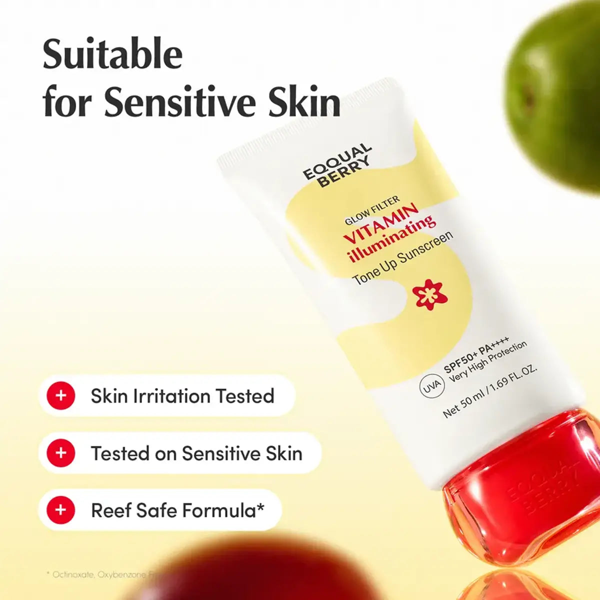 A tube of Eqqualberry Vitamin Illuminating Tone Up Sunscreen shown on a light beige background with promotional text and fruit graphics. The product is white with a yellow label and a red cap.