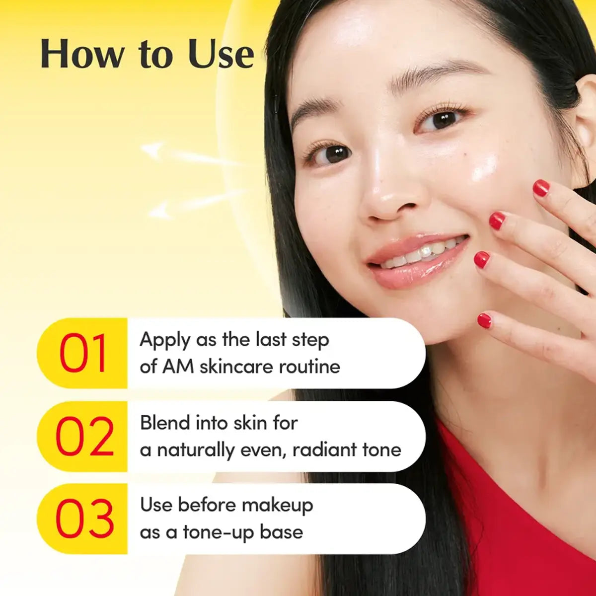 Instructional graphic titled 'How to Use' showing a woman touching her cheek with three numbered steps for skincare application on a yellow background.