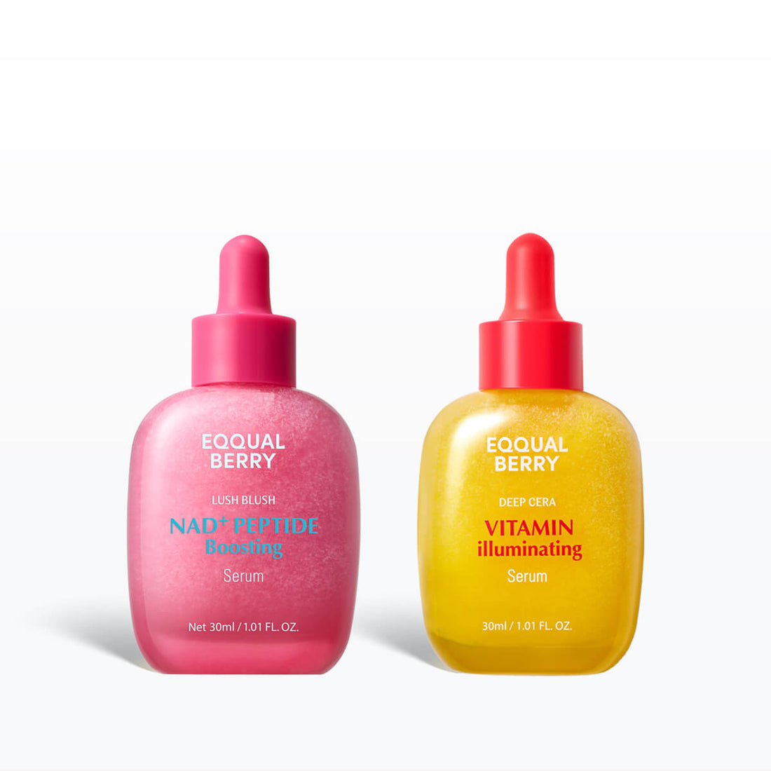 Eqqualberry Age-Defying Brightening Serum Duo with NAD+ Peptide Boosting and Vitamin Illuminating serums.