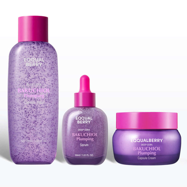 Eqqualberry Bakuchiol Plumping Bundle with toner serum and cream for firm youthful skin